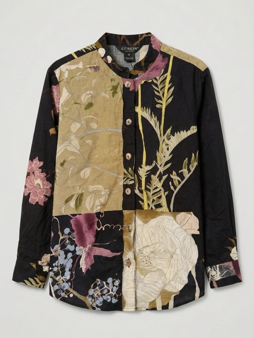 Citron Patchwork Floral Button-Up Jacket in Black, Olive & Mauve